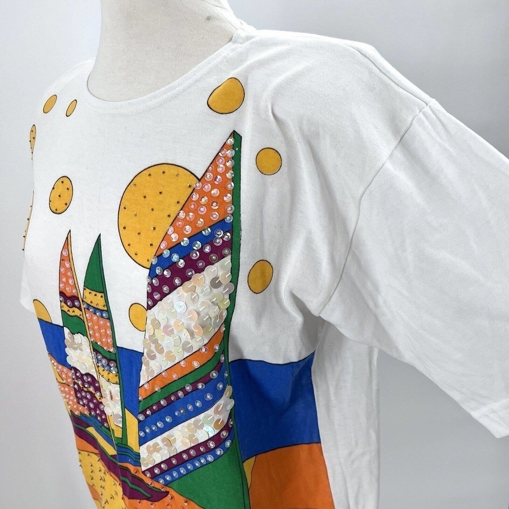 Vintage 90s Colorful Embellished Sailboat T-Shirt Shoulder Pads - Picture 4 of 8